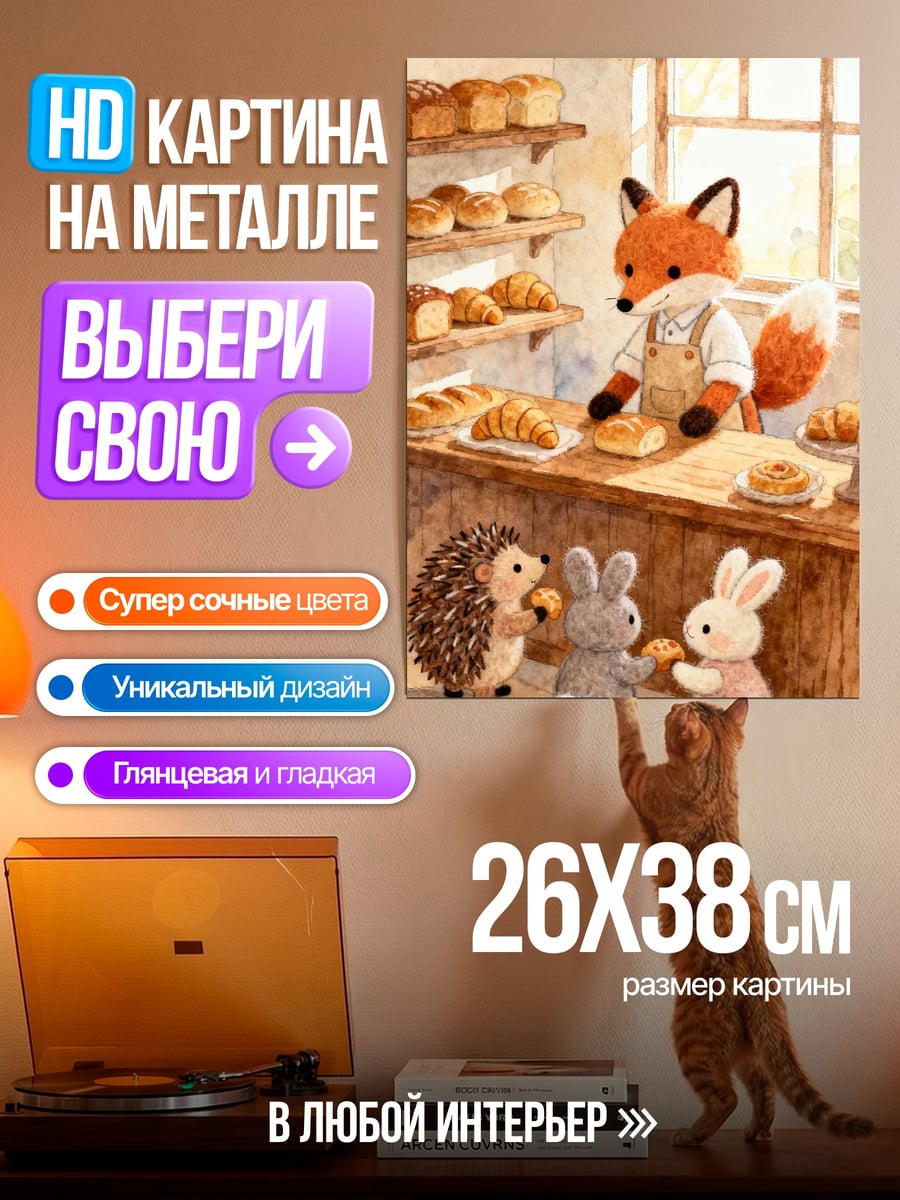 Картина на металле Лис печет булочки