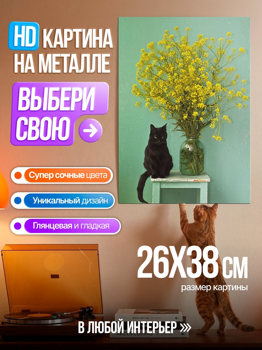 Картина на металле Черный кот и цветы
