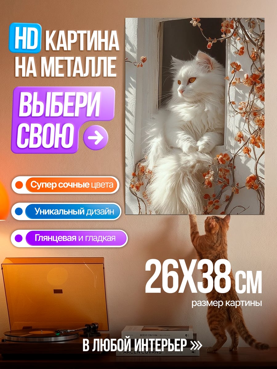 Картина на металле Белый кот у окна