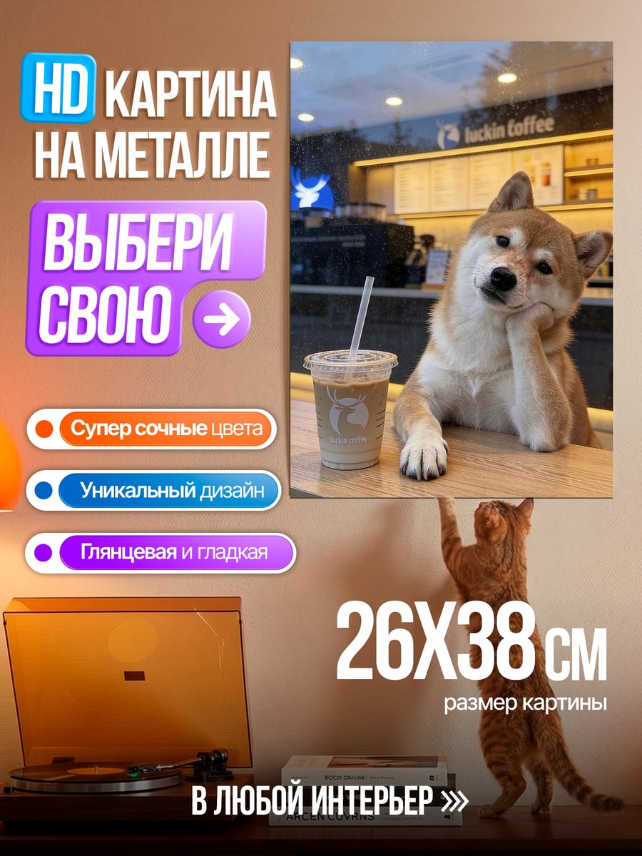 Картина на металле Шиба ину в кафе