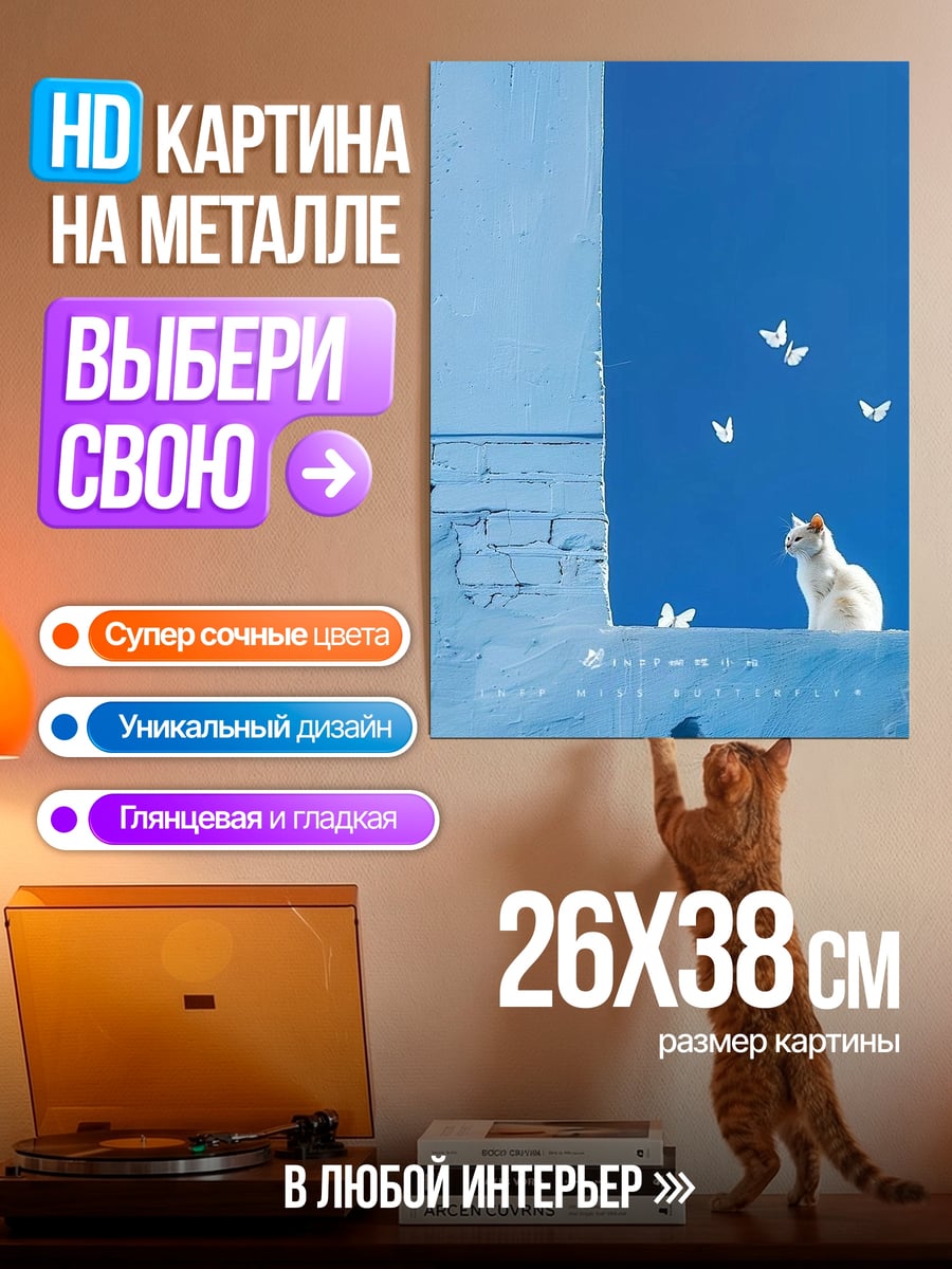 Картина на металле Кот и бабочки