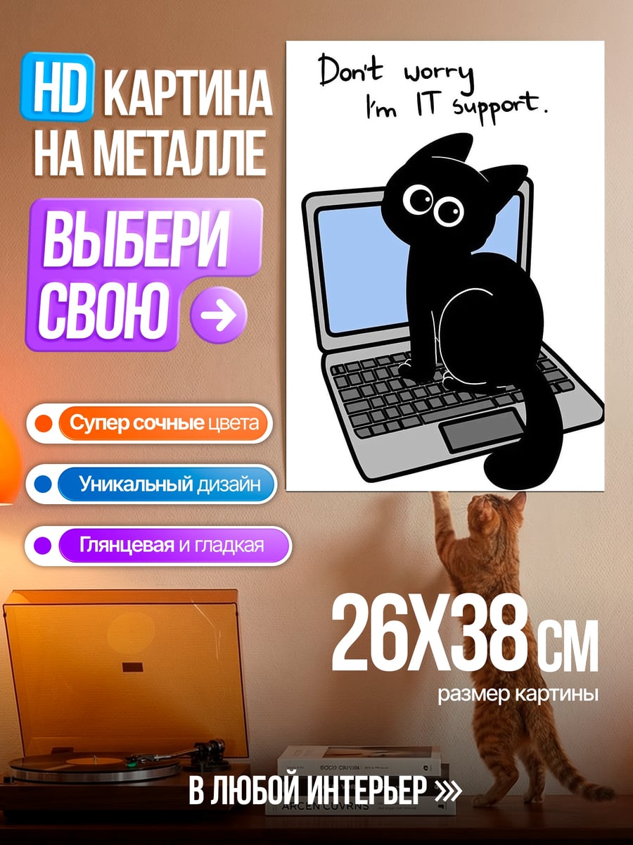 Картина на металле Кот IT поддержка
