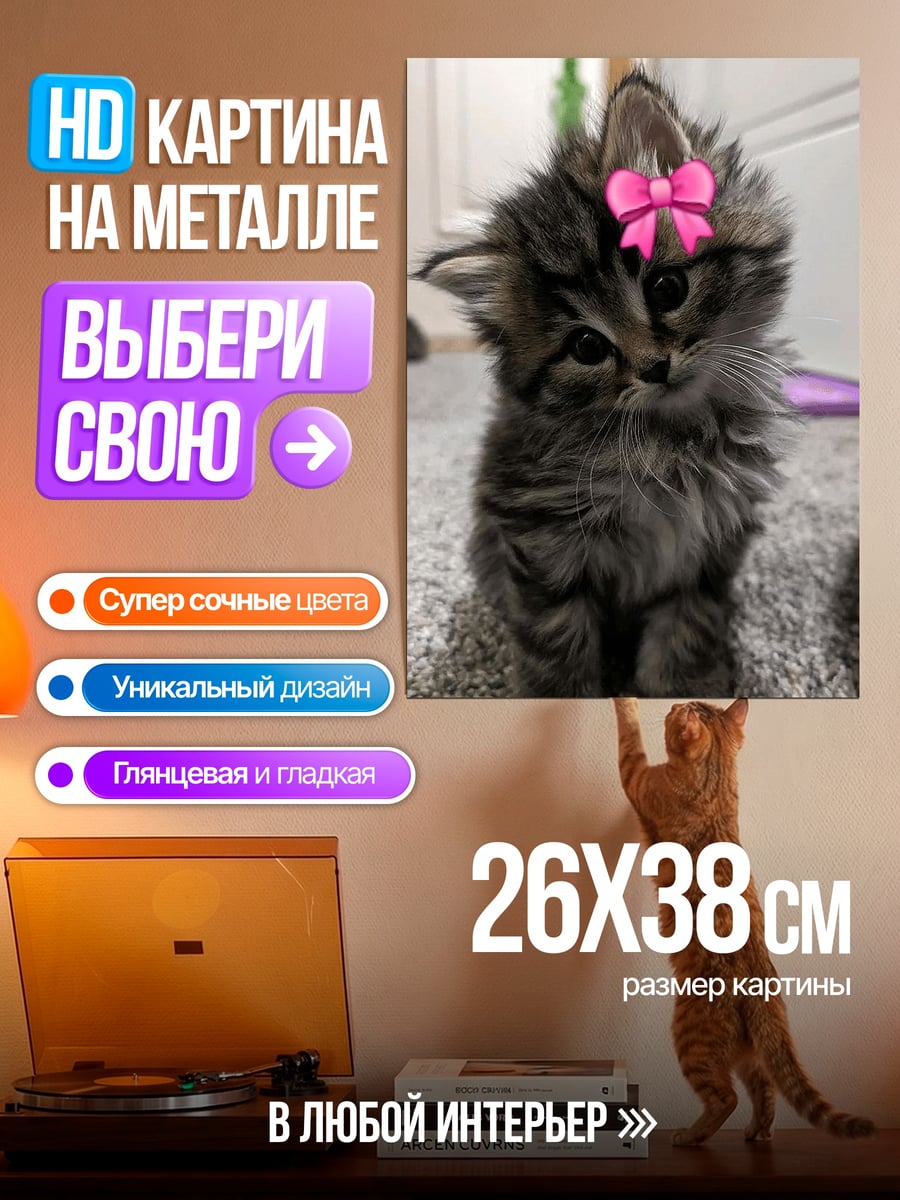 Картина на металле Котёнок с бантом