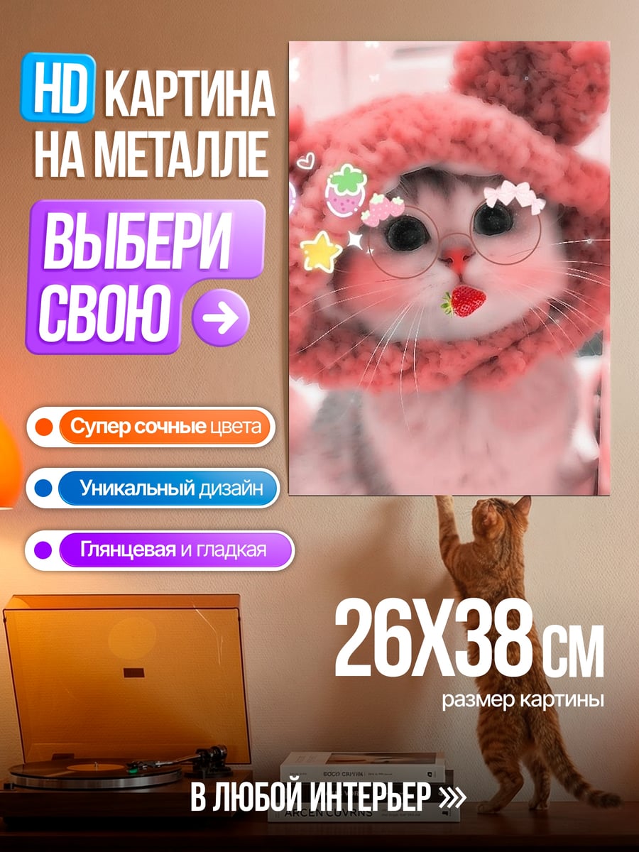 Картина на металле Кот в шапке