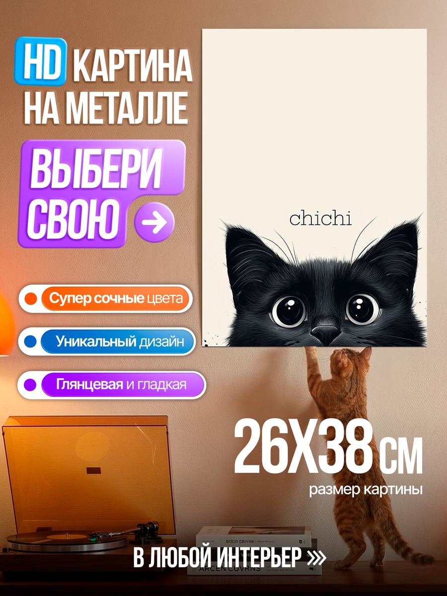 Картина на металле Черный кот Чичи