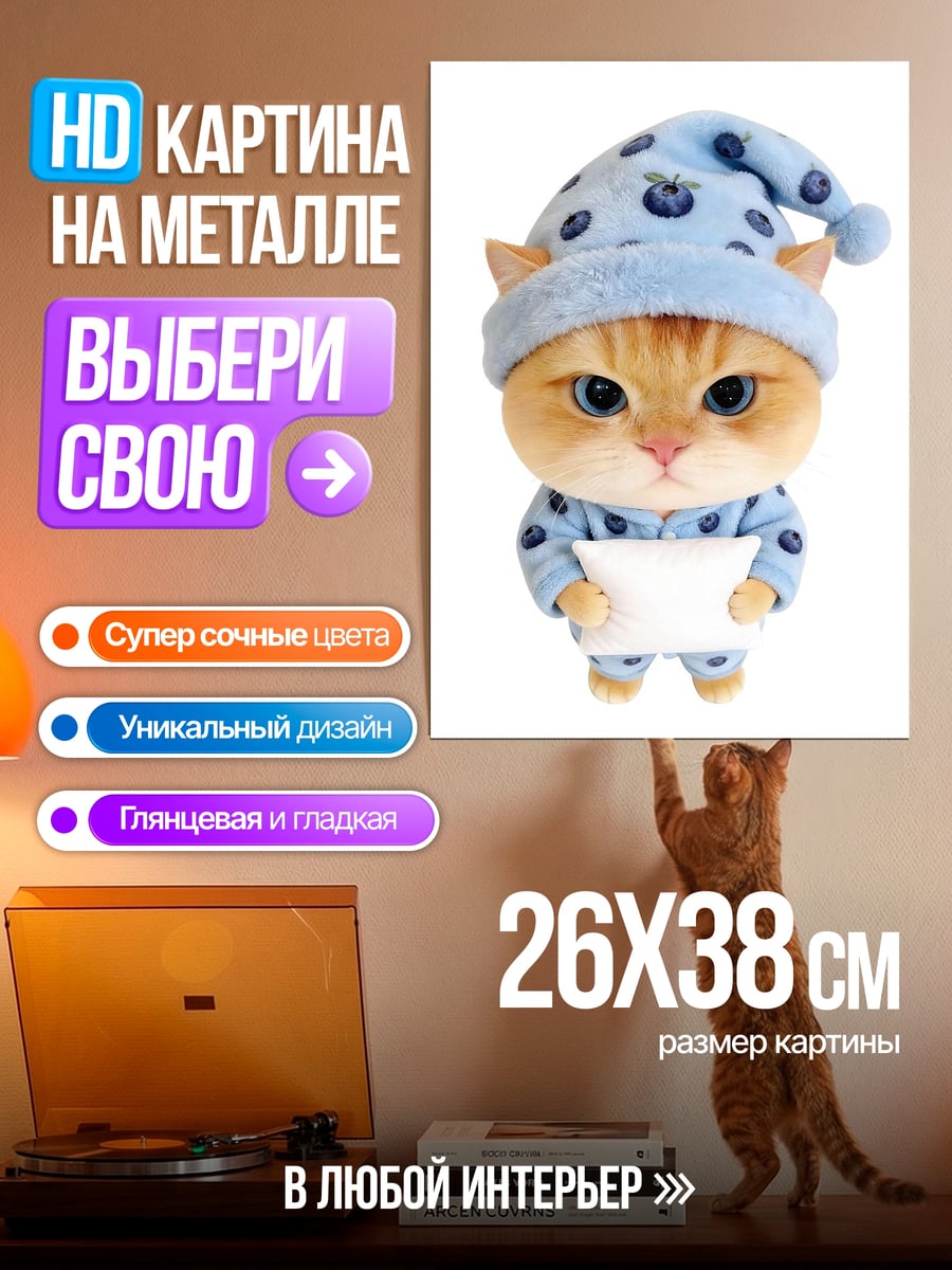 Картина на металле Кот в пижаме