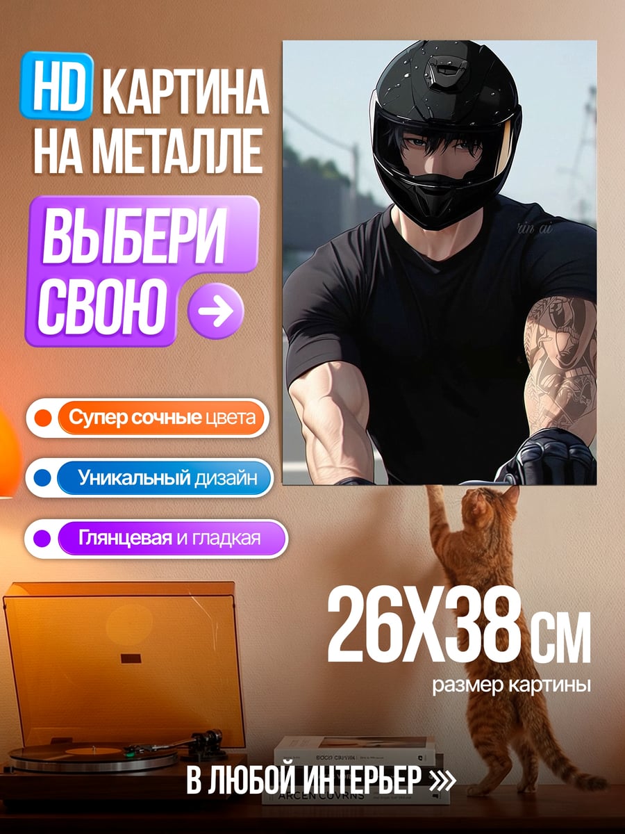 Картина на металле Мотоциклист в шлеме