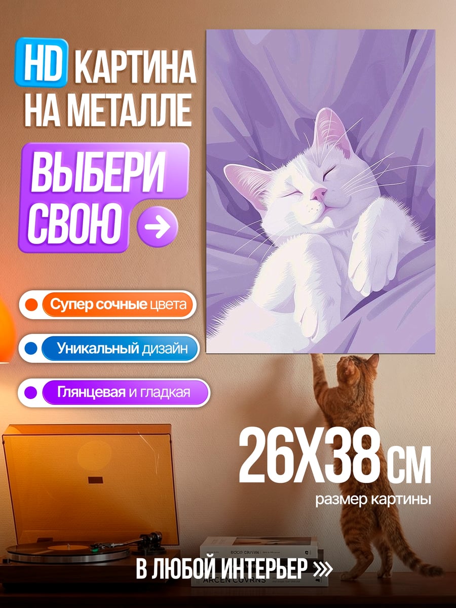 Картина на металле Спящий белый кот