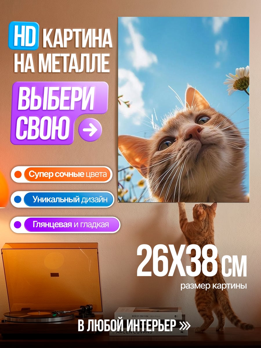 Картина на металле Рыжий кот в цветах