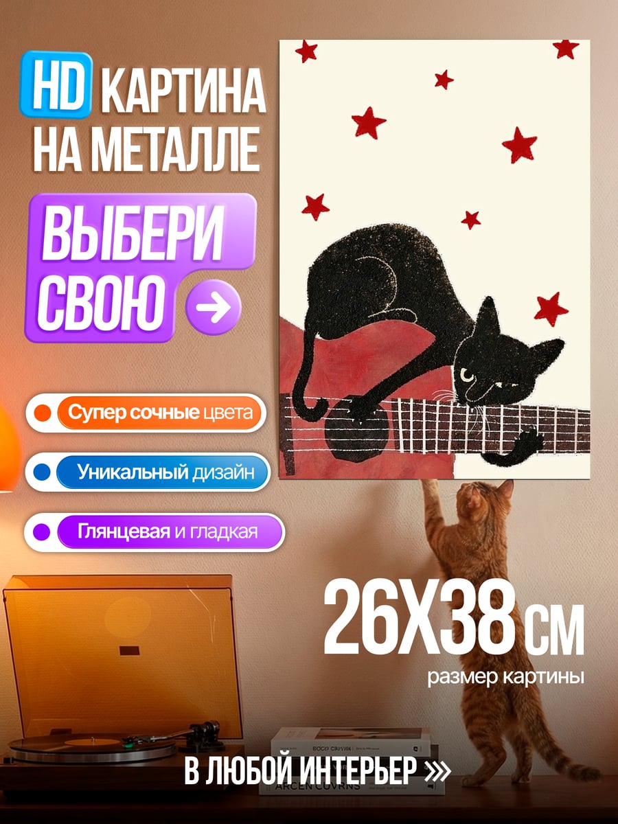 Картина на металле Черный кот на гитаре