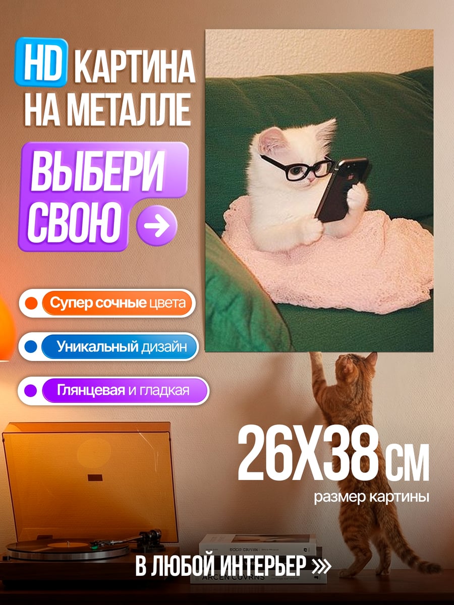 Картина на металле Кот в очках с телефоном