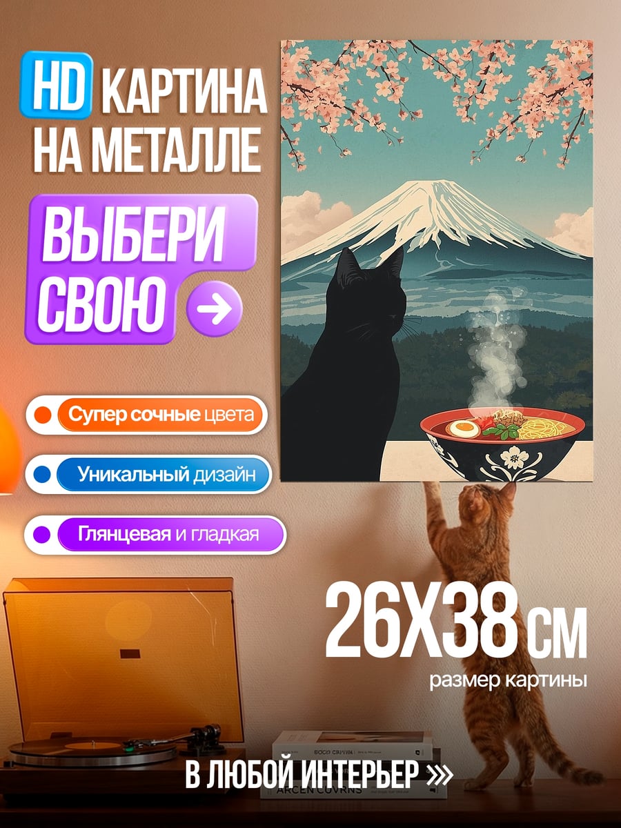 Картина на металле Черный кот и рамен