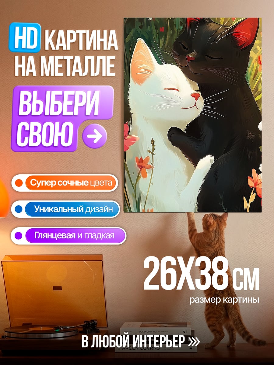 Картина на металле Черно-белые коты