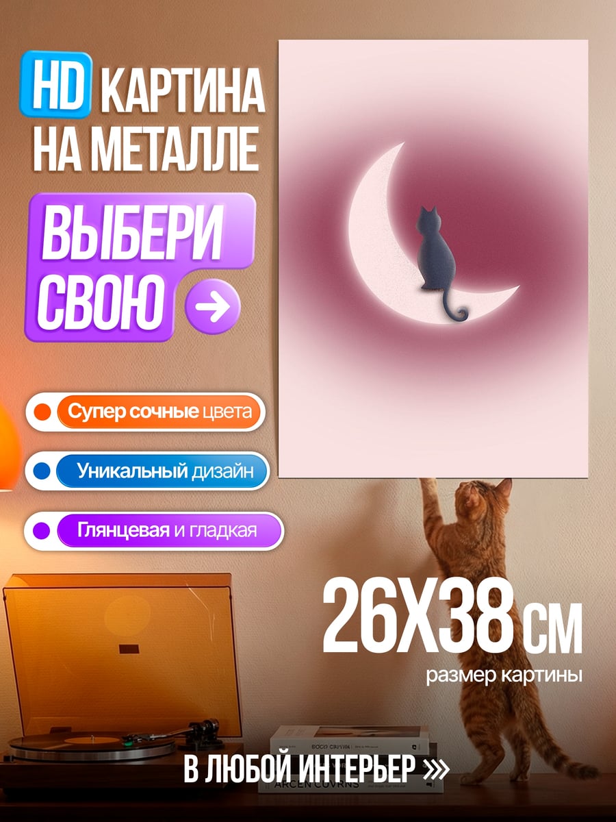 Картина на металле Кот на луне