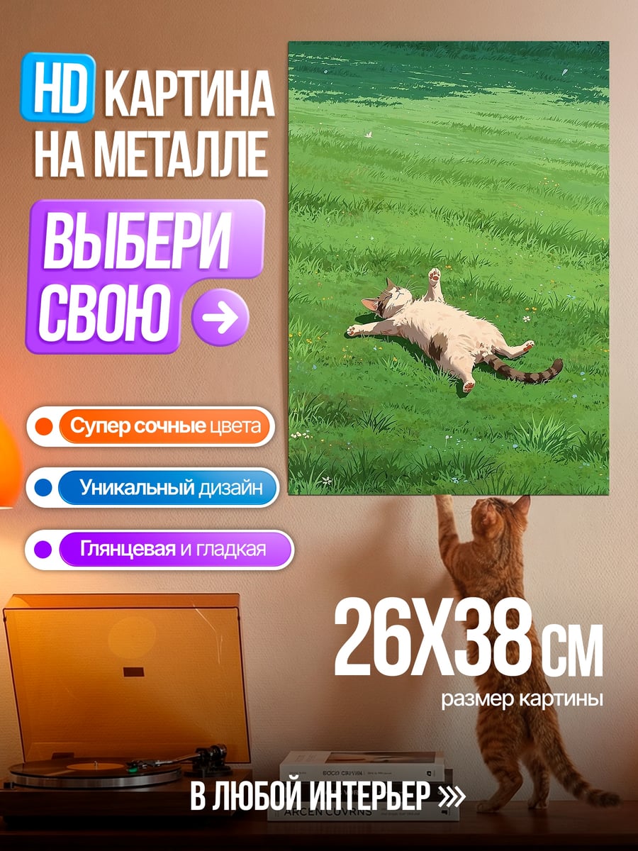 Картина на металле Кот отдыхает на траве