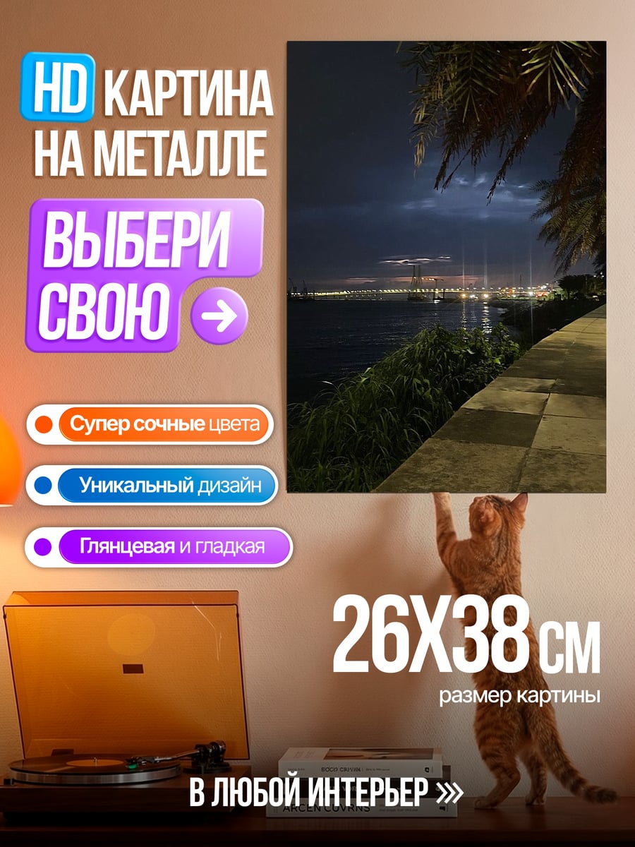Картина на металле Ночной город у моря