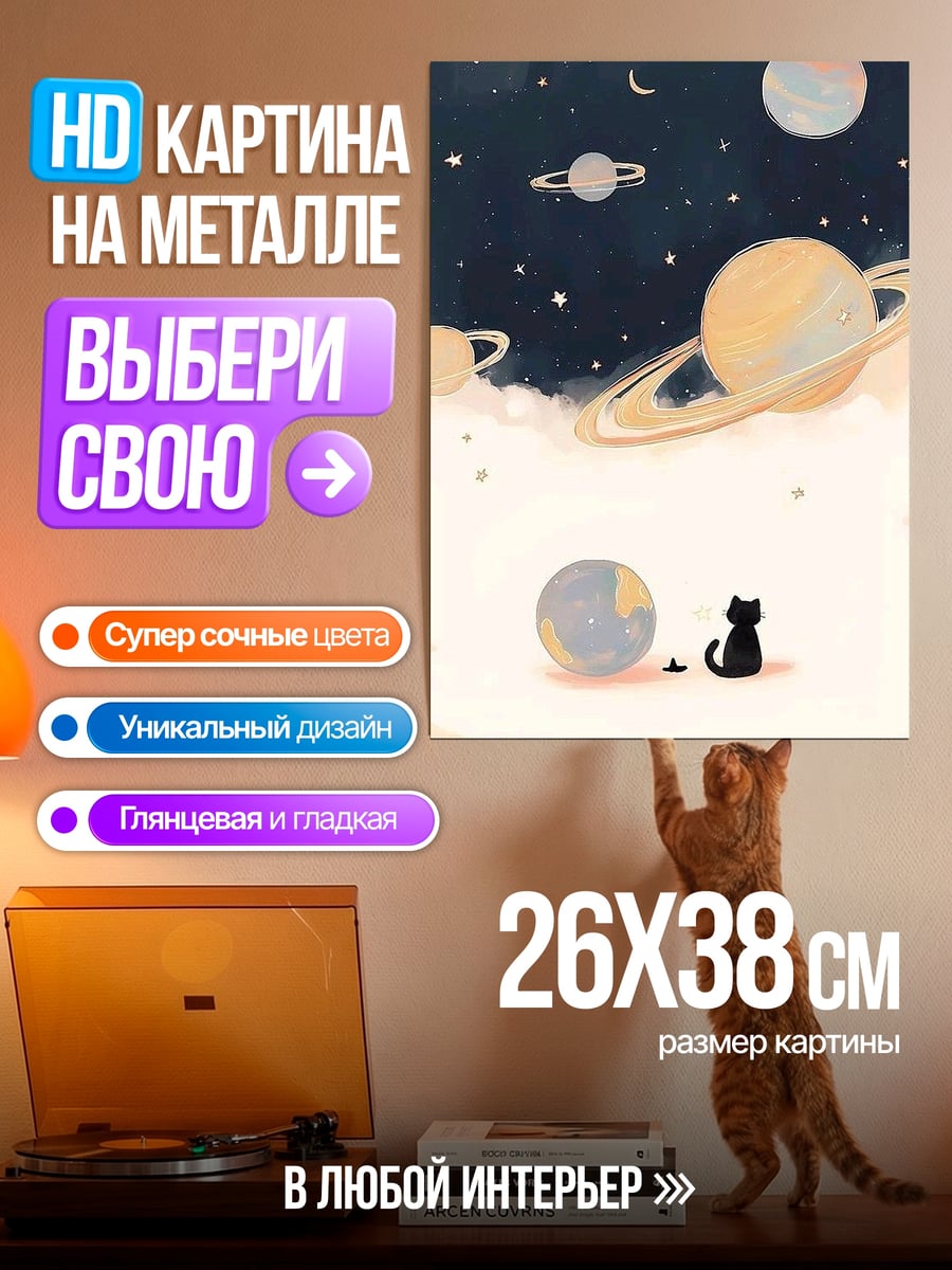Картина на металле Кот в космосе