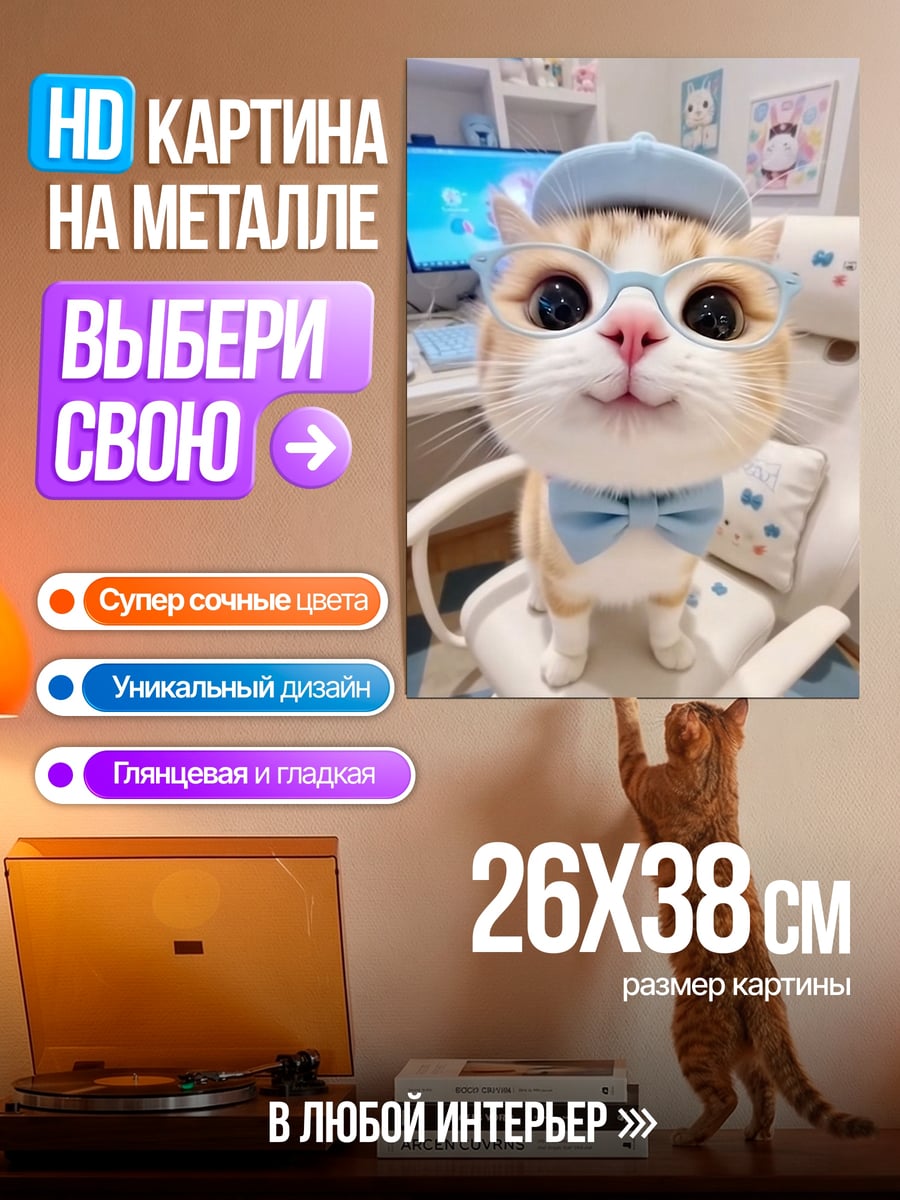 Картина на металле Кот в очках