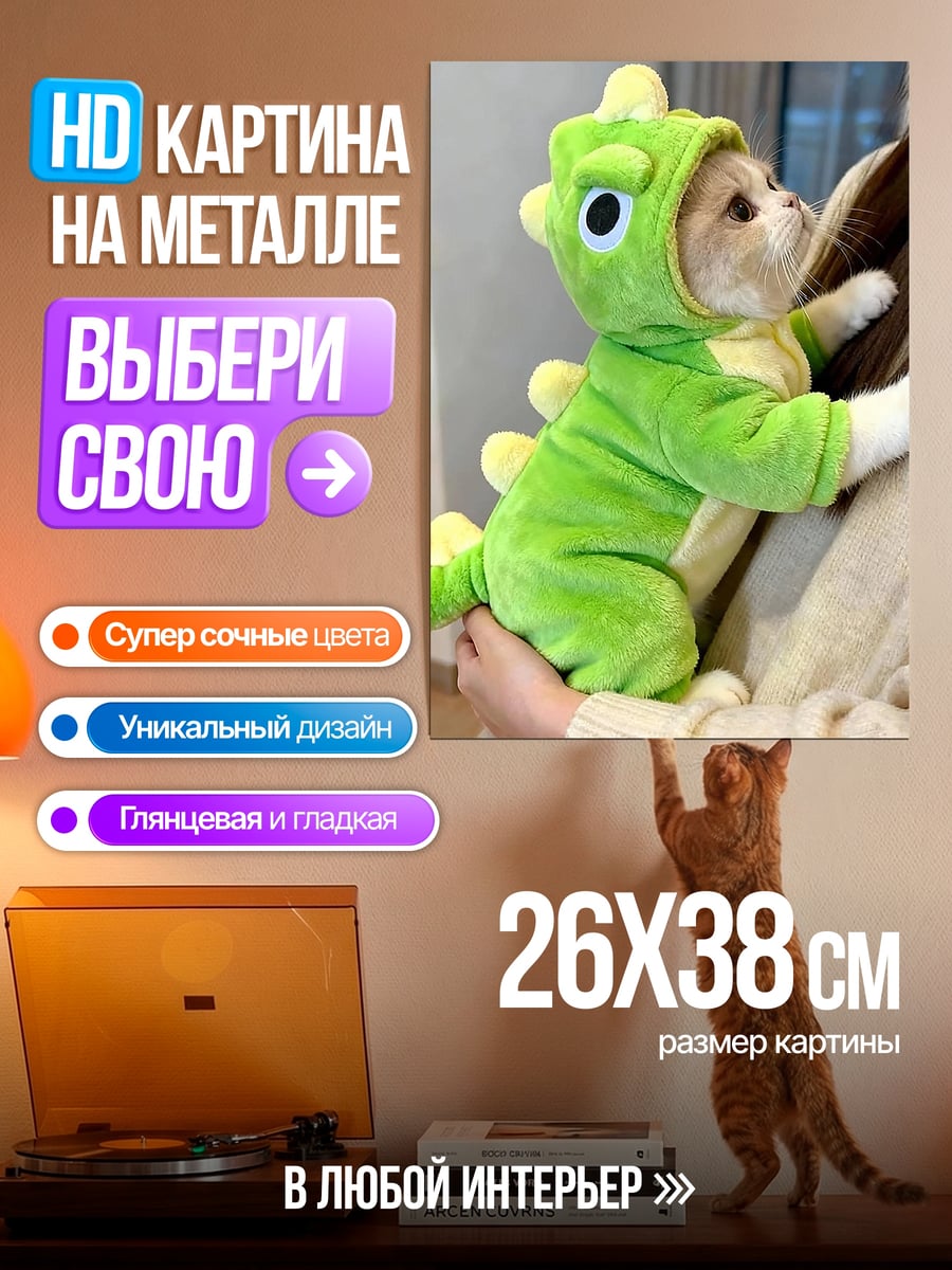 Картина на металле Кот в костюме динозавра