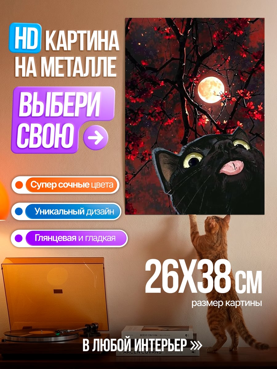 Картина на металле Черный кот и луна