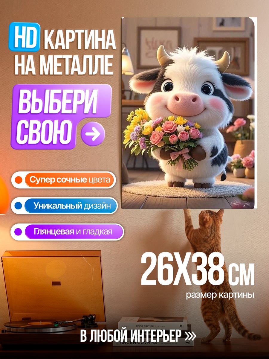 Картина на металле Милая коровка с цветами
