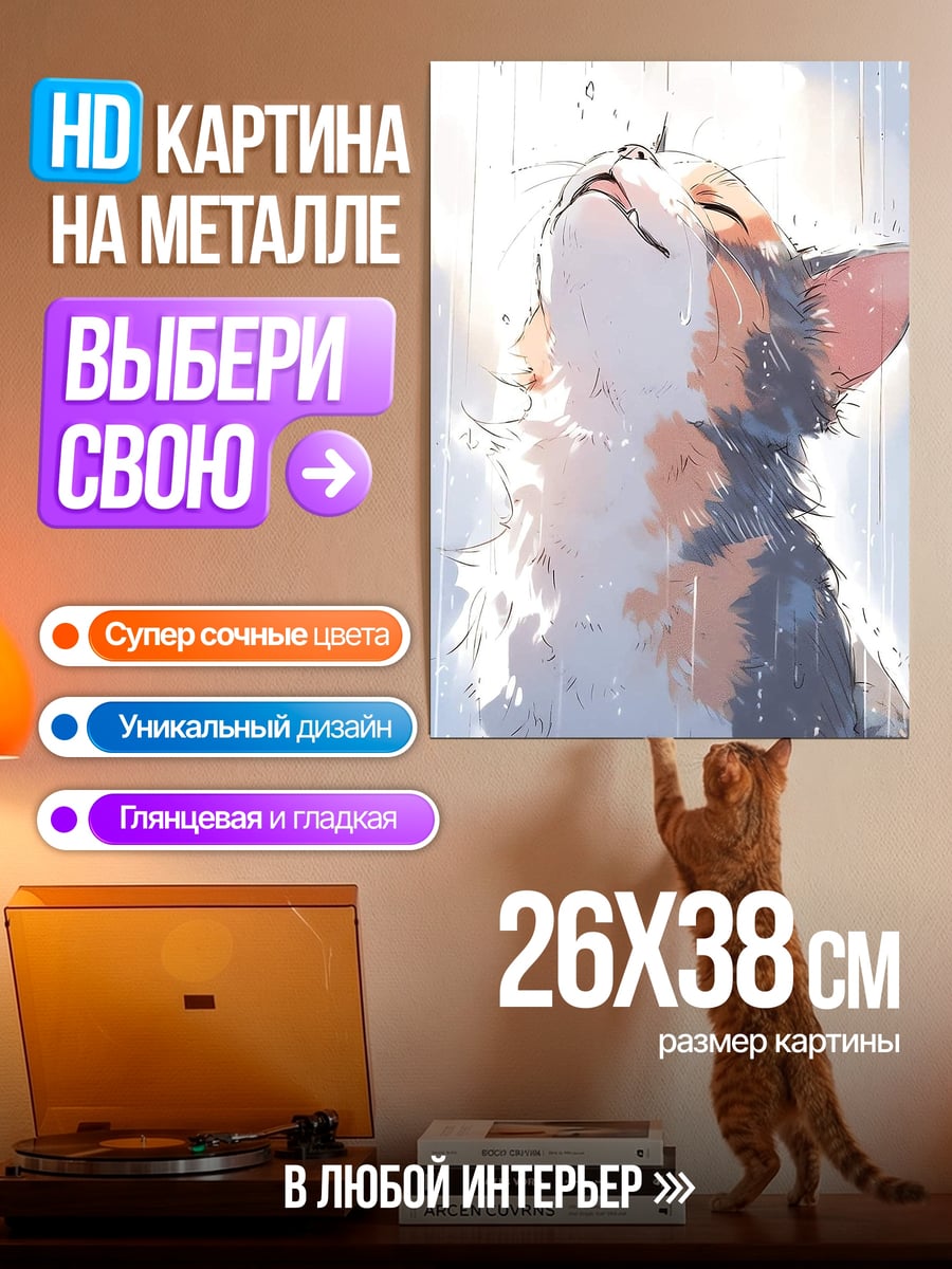 Картина на металле Кошка под дождем