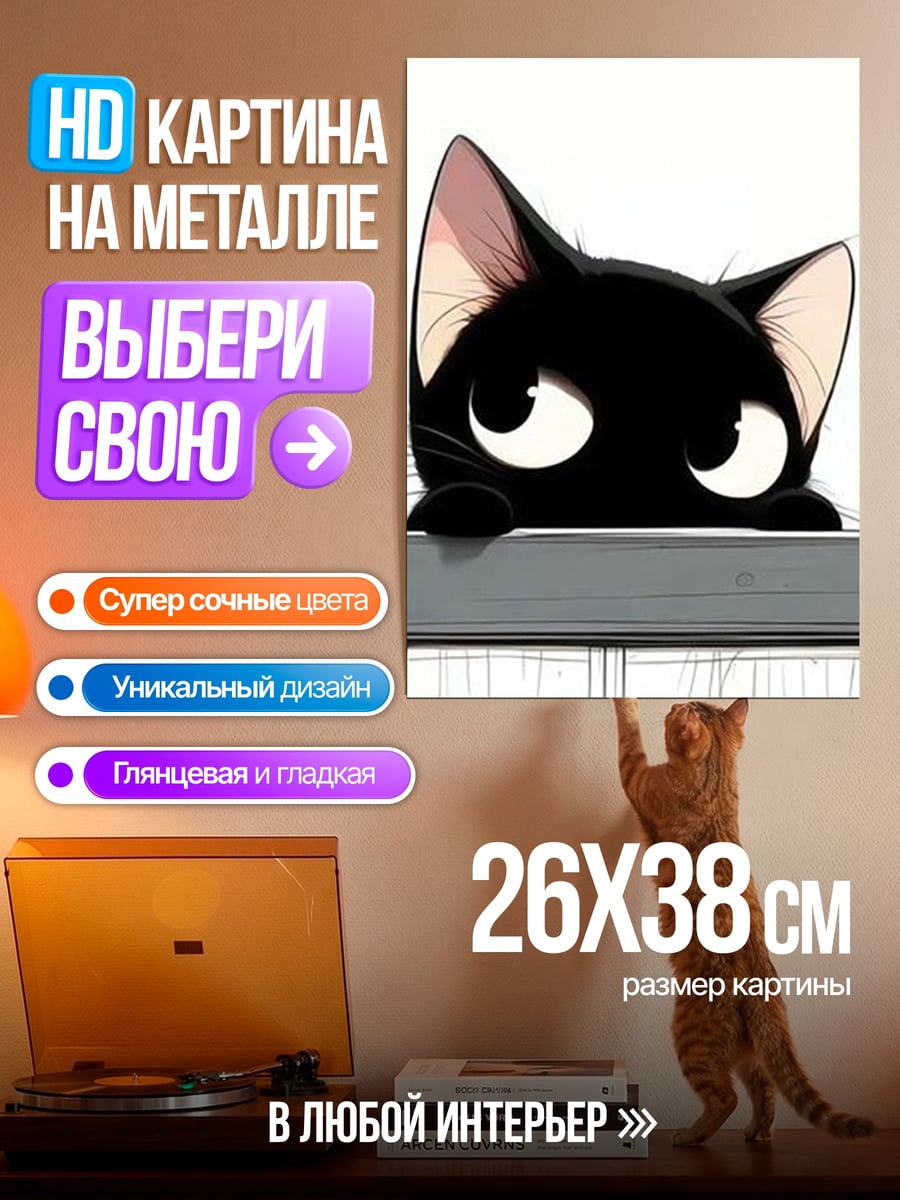 Картина на металле Черный котенок выглядывает