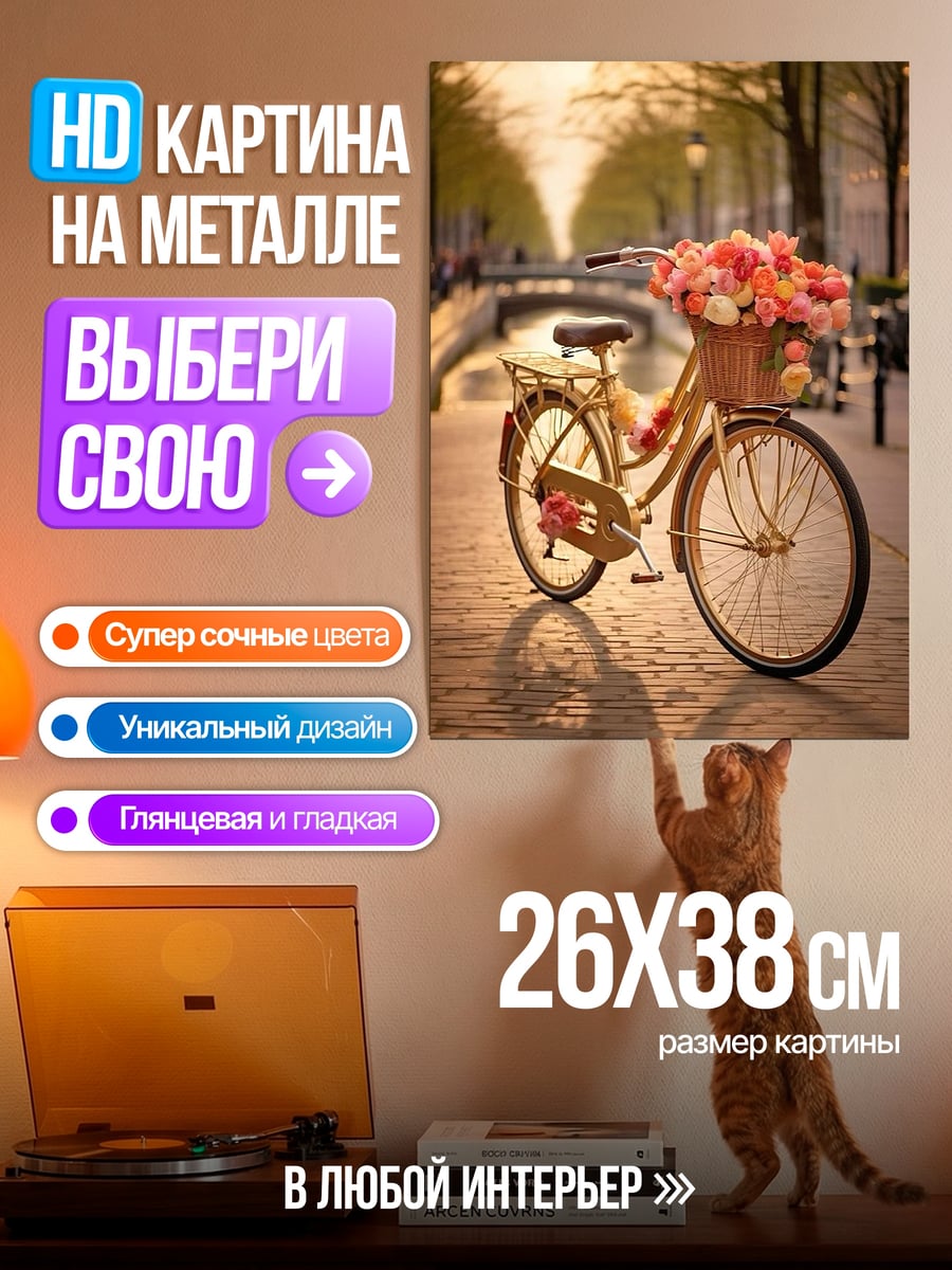 Картина на металле Велосипед с цветами