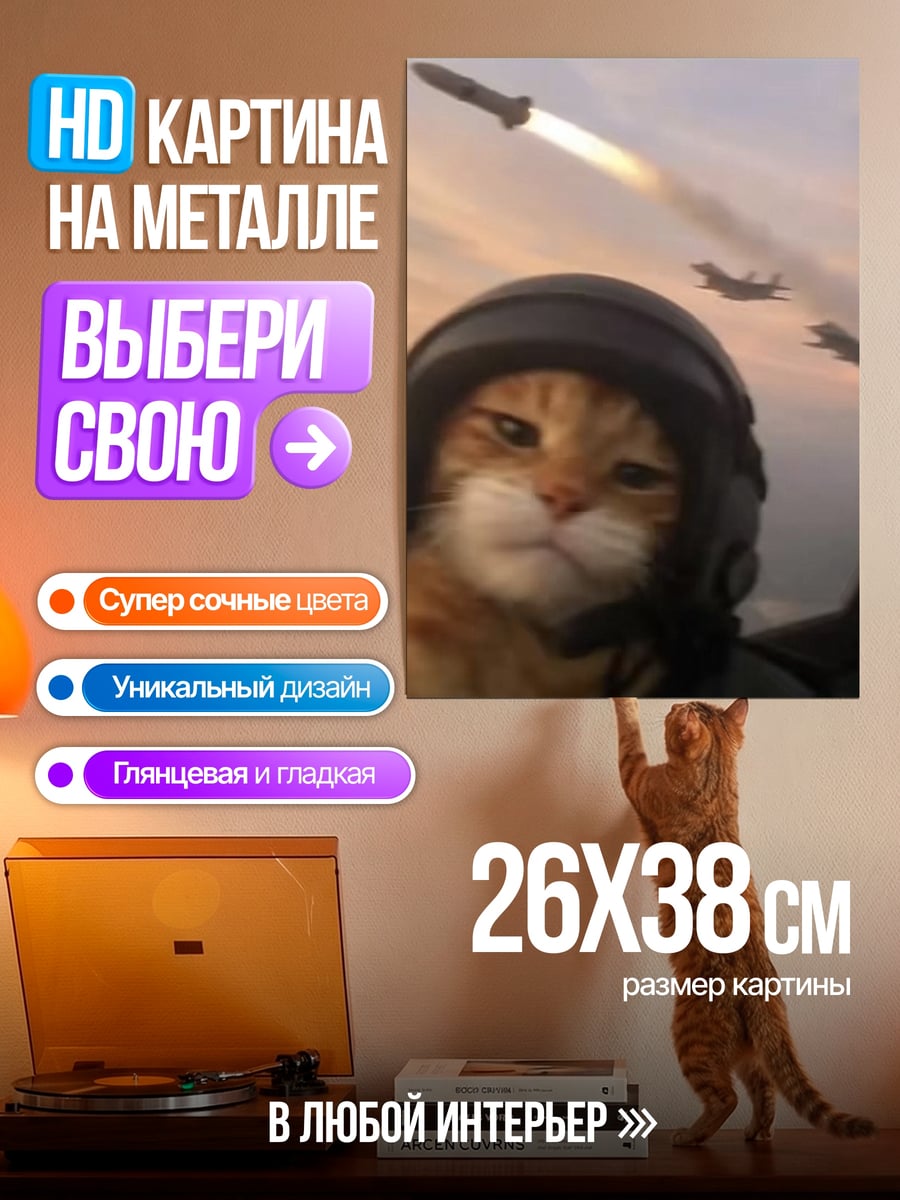 Картина на металле Кот пилот истребителя