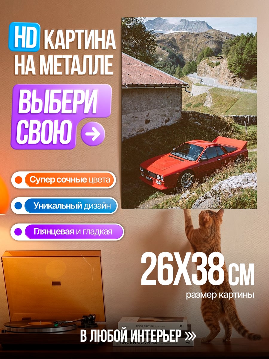 Картина на металле Красная машина в горах