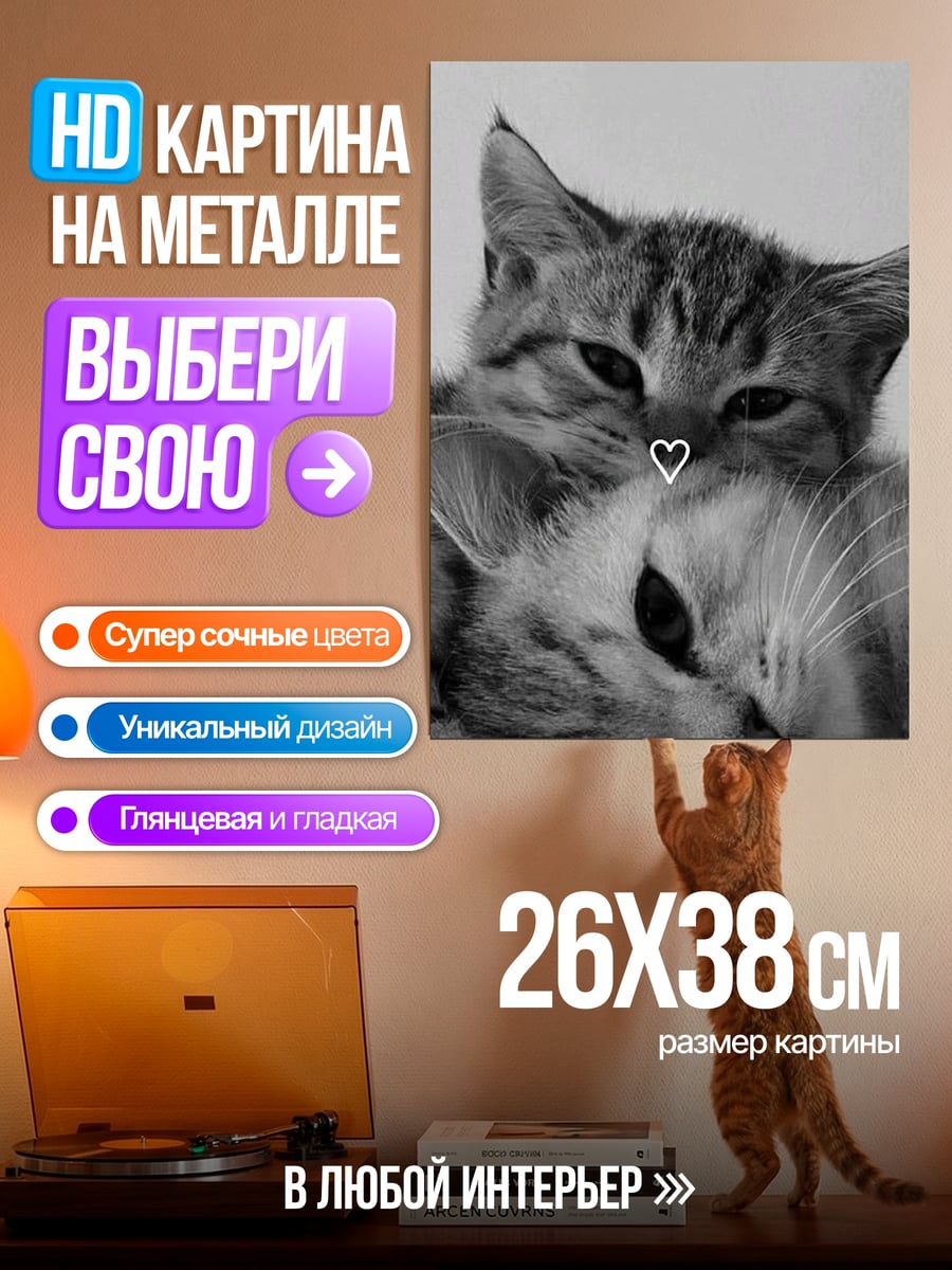 Картина на металле Два кота обнимаются