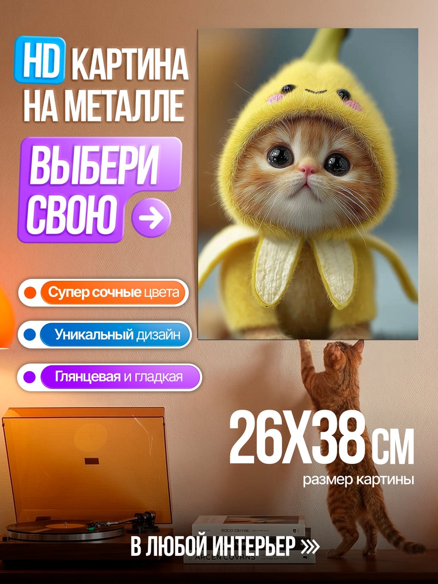 Картина на металле Котенок в костюме банана