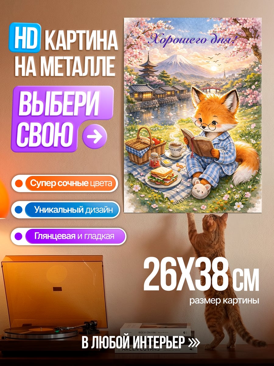 Картина на металле Лисенок читает книгу