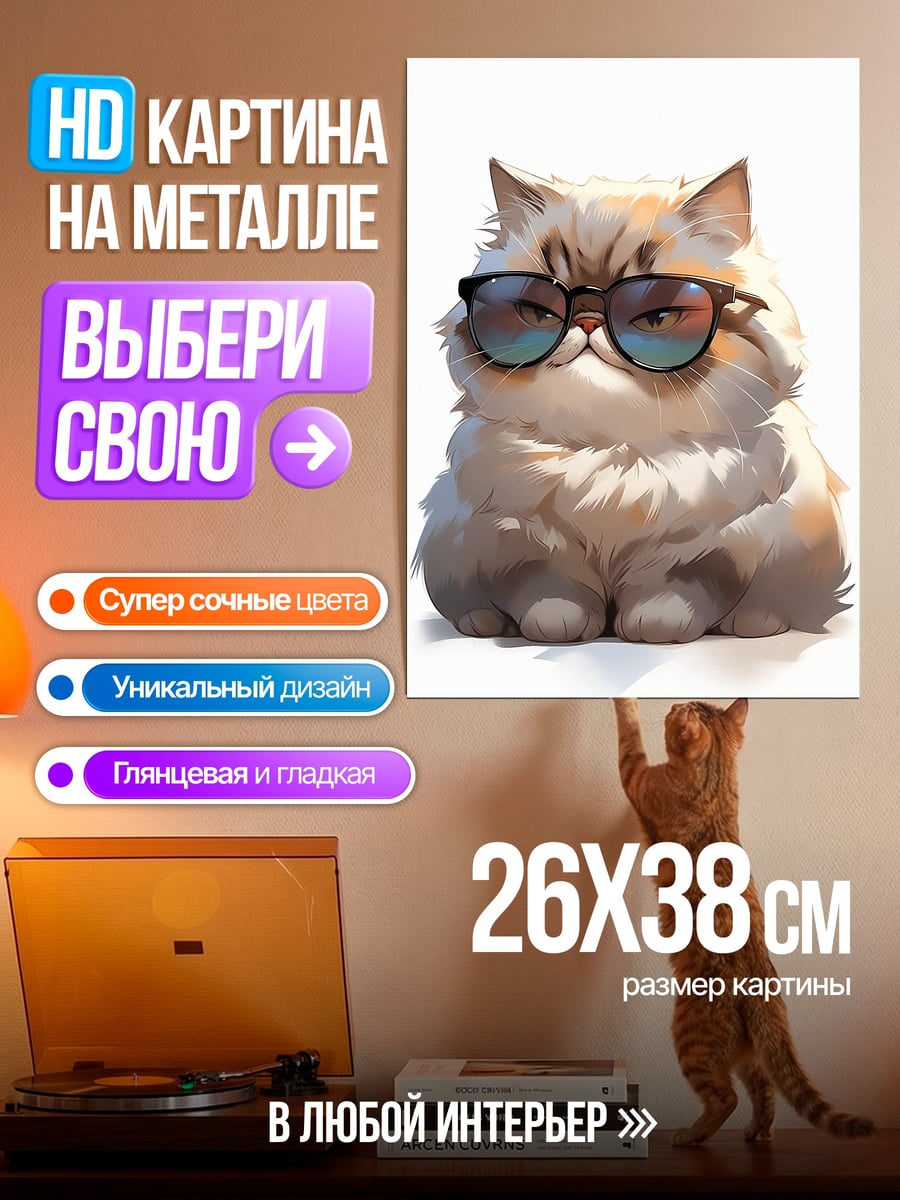 Картина на металле Кот в очках