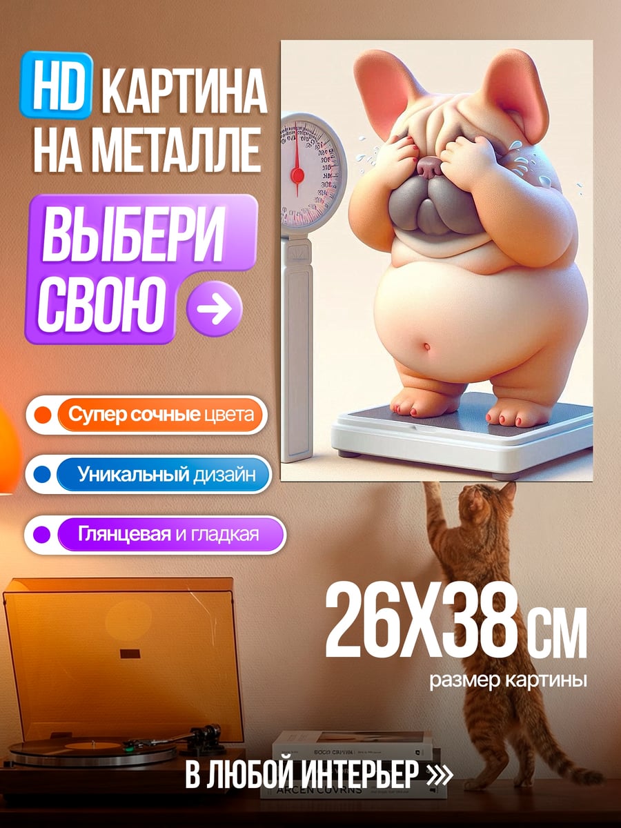 Картина на металле Французский бульдог на весах