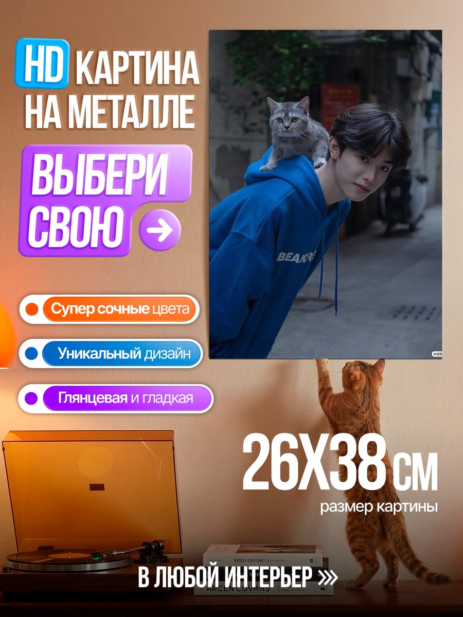 Картина на металле Парень с котом