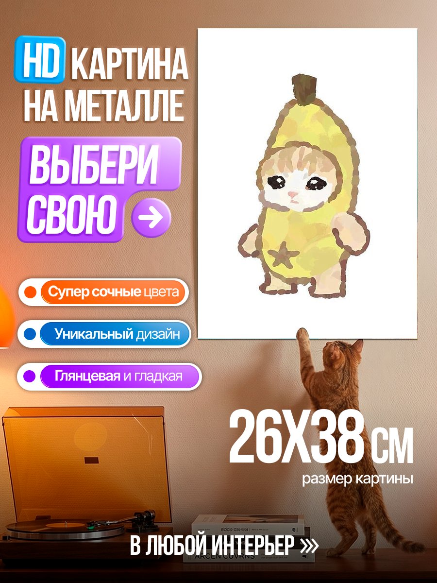 Картина на металле Кот в костюме банана