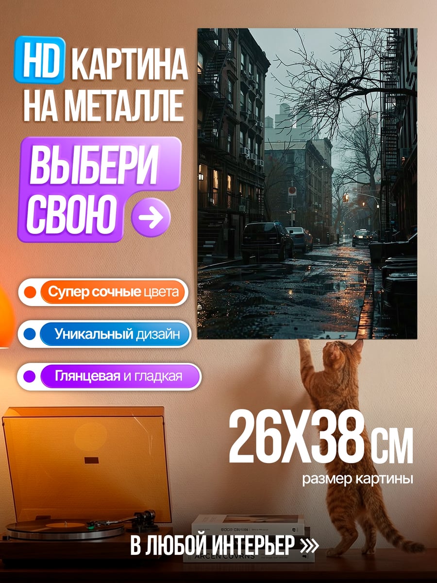 Картина на металле Дождливый городской вечер