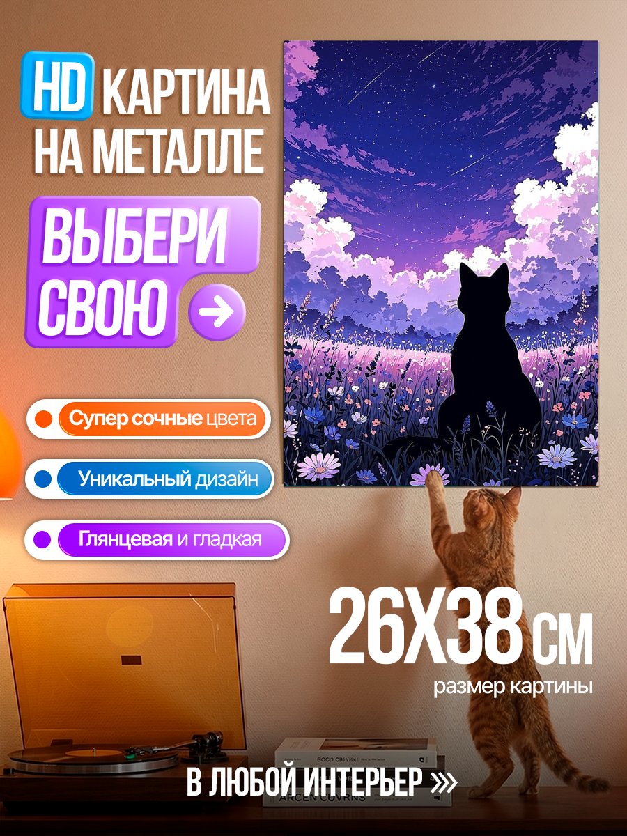 Картина на металле Кот смотрит на звезды