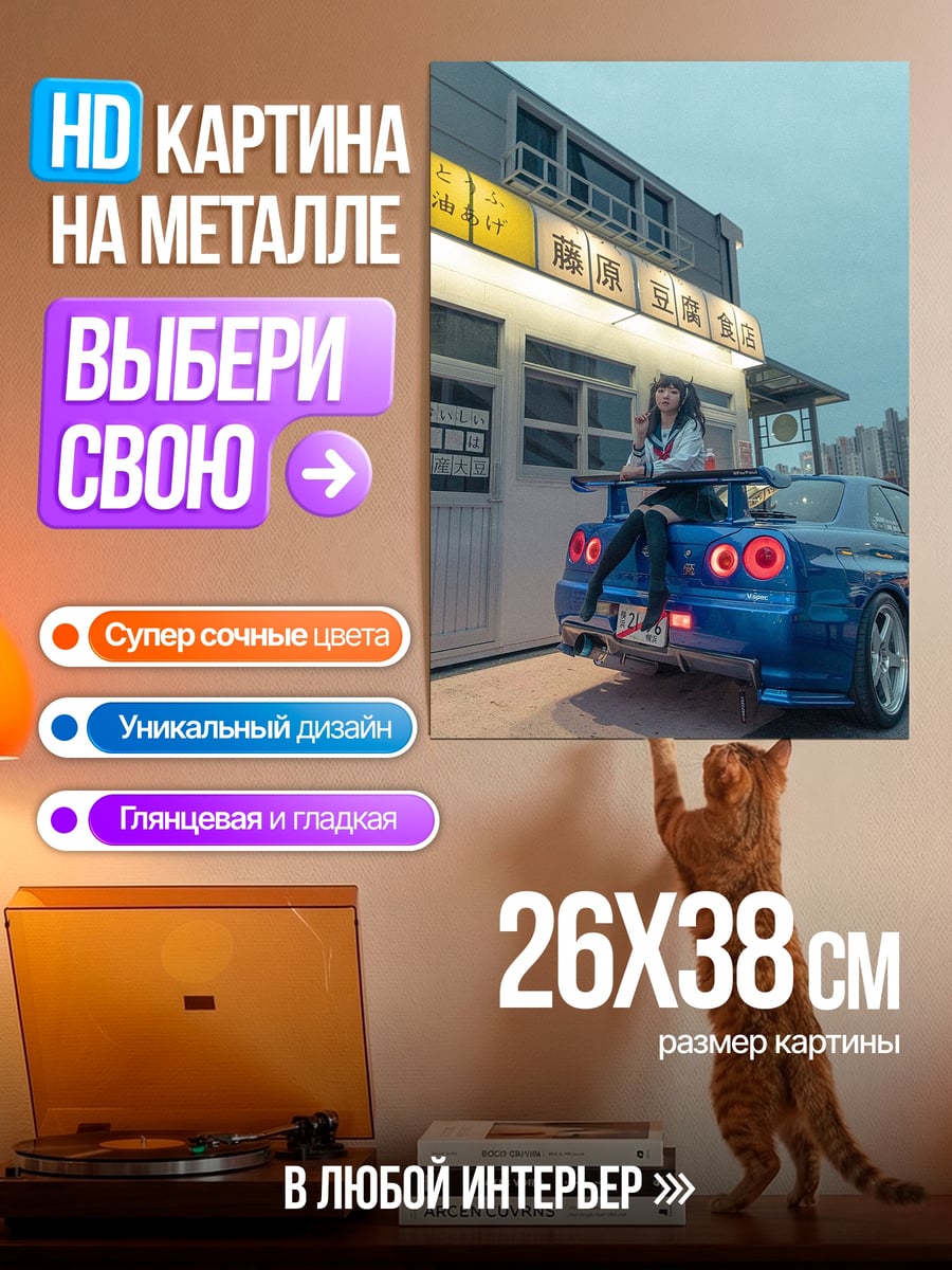 Картина на металле Девушка на спойлере машины