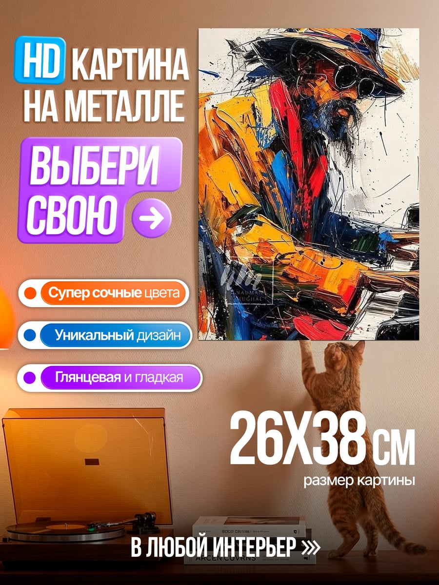 Картина на металле Пианист в шляпе