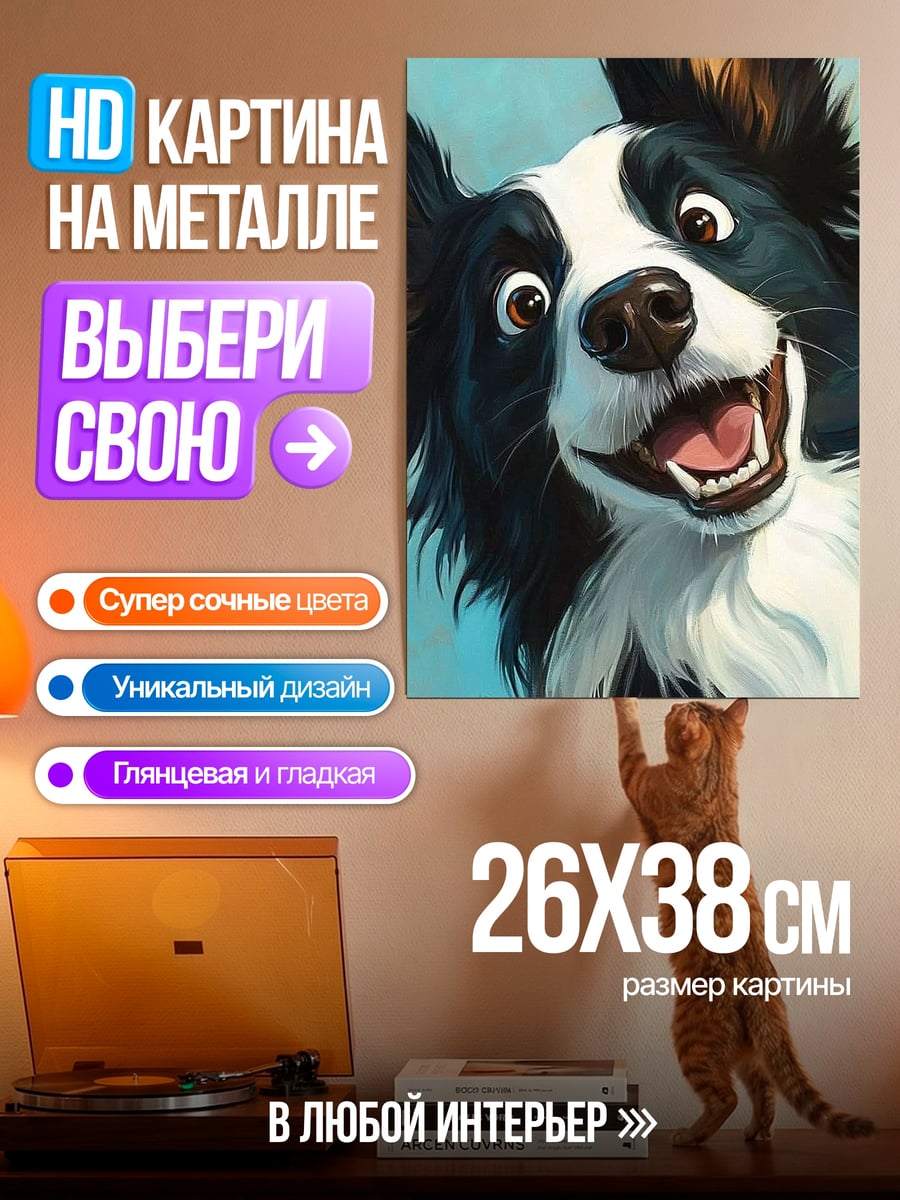 Картина на металле Счастливый бордер-колли