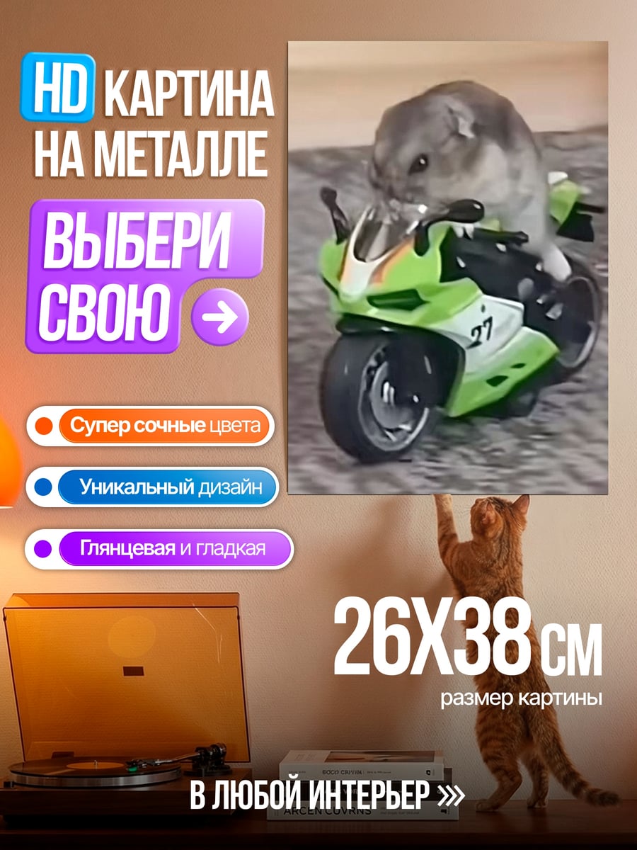 Картина на металле Хомяк на мотоцикле