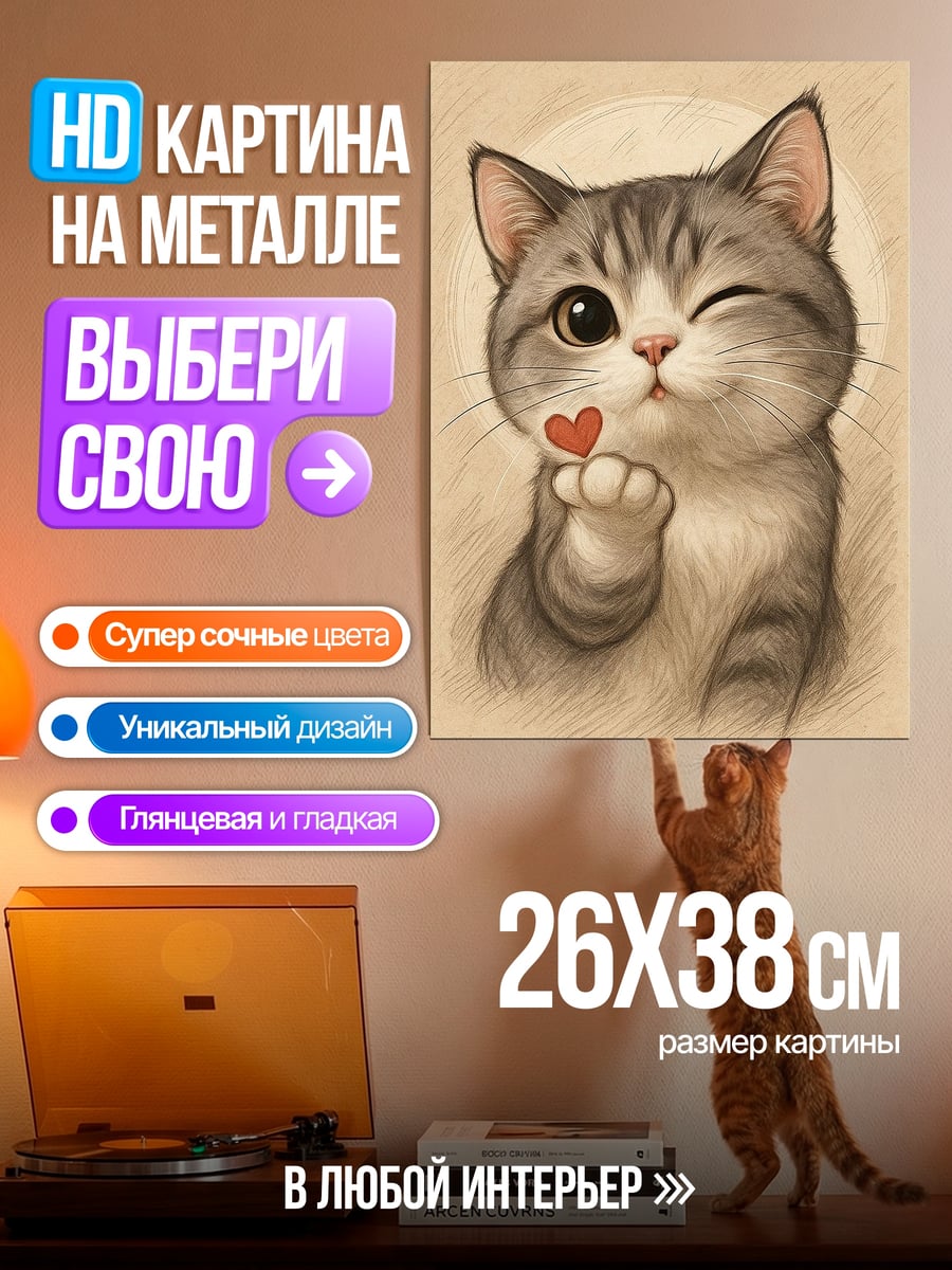 Картина на металле Кот с сердцем