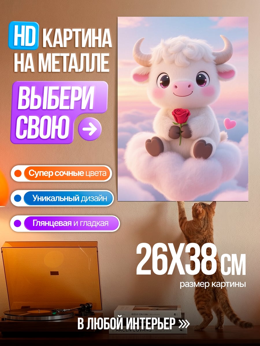 Картина на металле Бычок с розой
