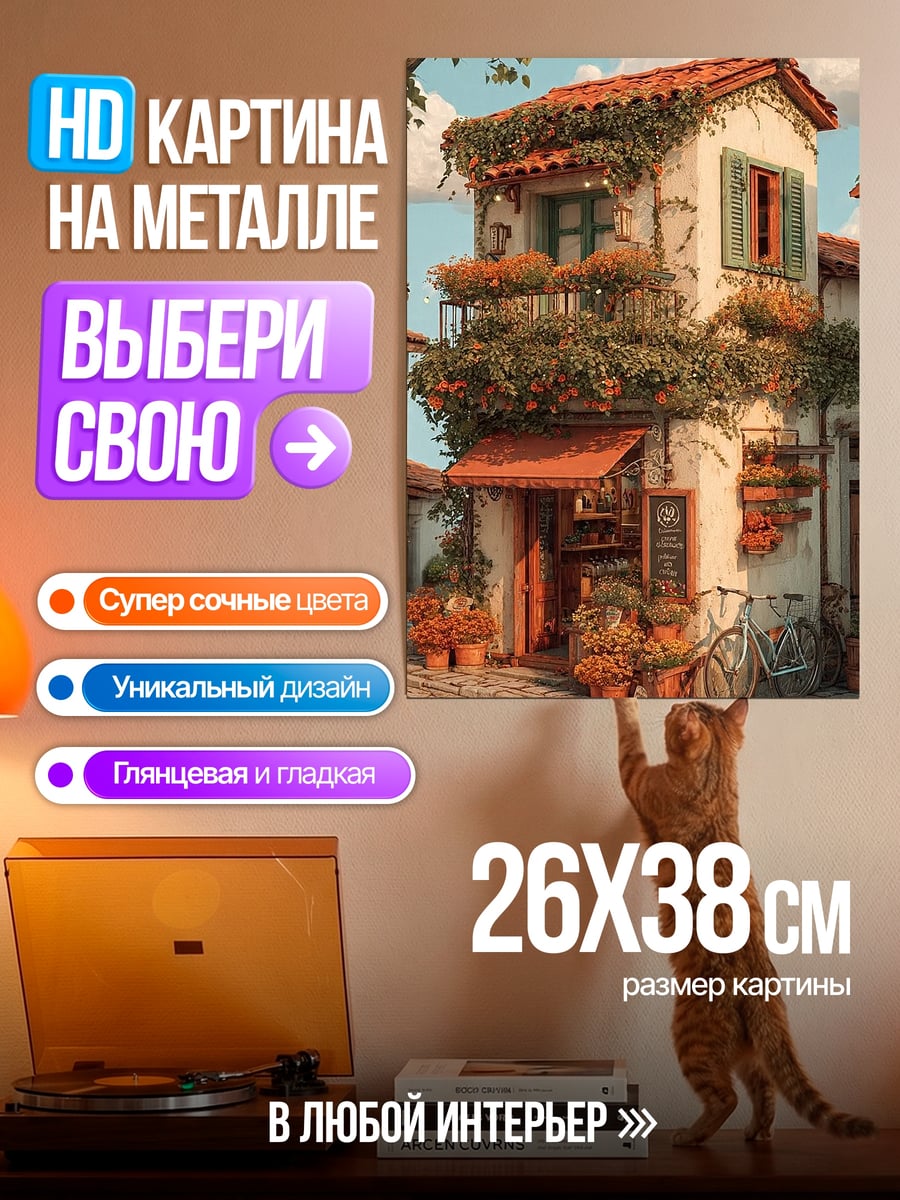 Картина на металле Домик с цветами