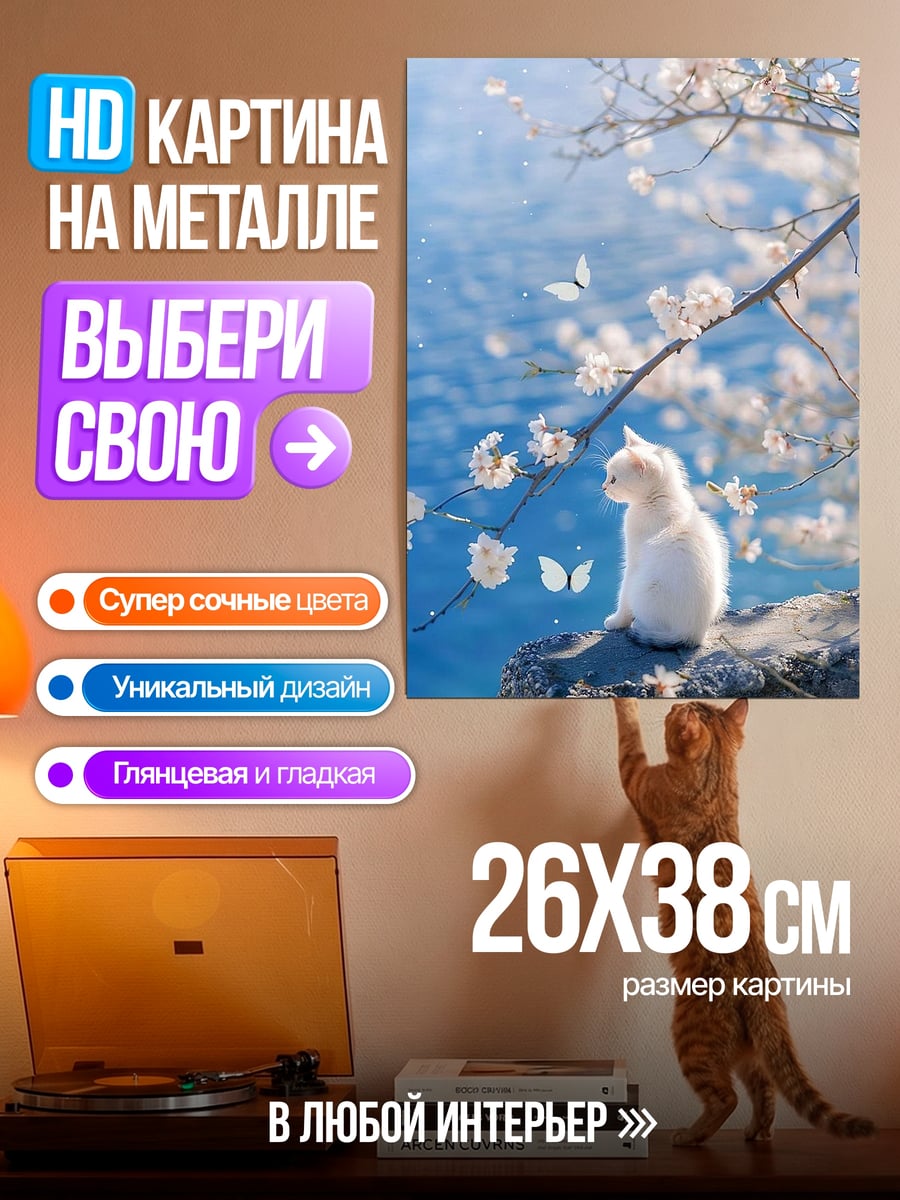 Картина на металле Белый кот и бабочки