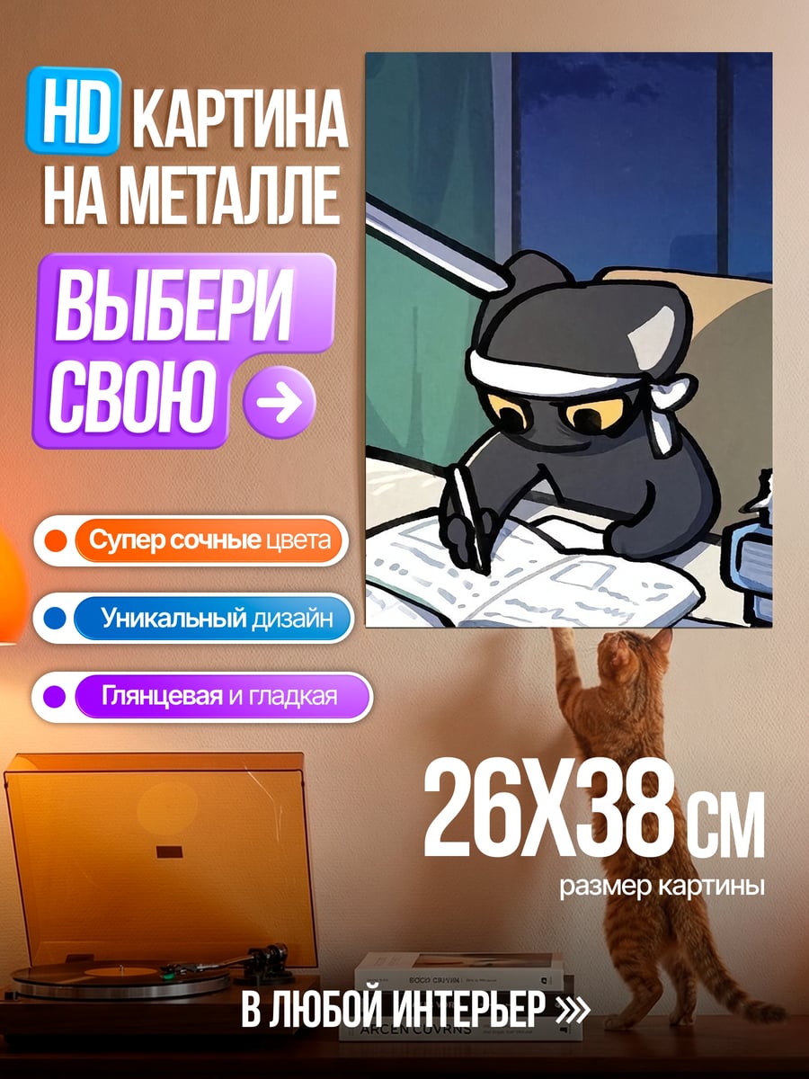 Картина на металле Кот ниндзя учится