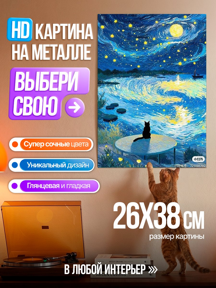 Картина на металле Кот смотрит на звезды