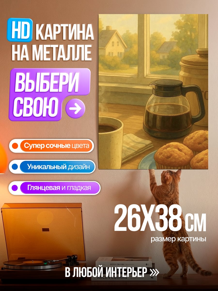 Картина на металле Утренний кофе с маффинами